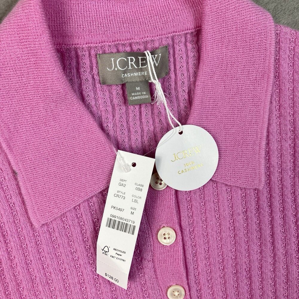 J.Crew Cashmere Cardigan Womens M Pink Featherweight Pointelle Sweater Polo - Picture 5 of 8